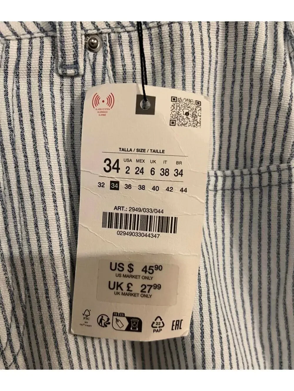 NWT Zara Coastal Grandmother Blue and White Striped Casual Pants, Size 2